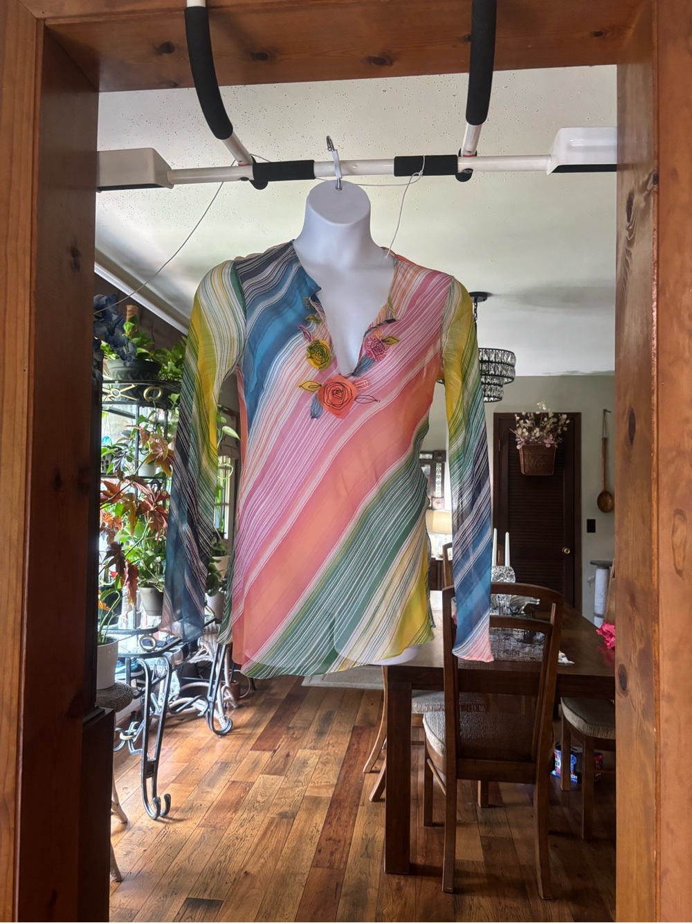 BCBGMaxAzria Multicolor Diagonal Stripe V-Neck Sheer Blouse w/ Floral Embroidery